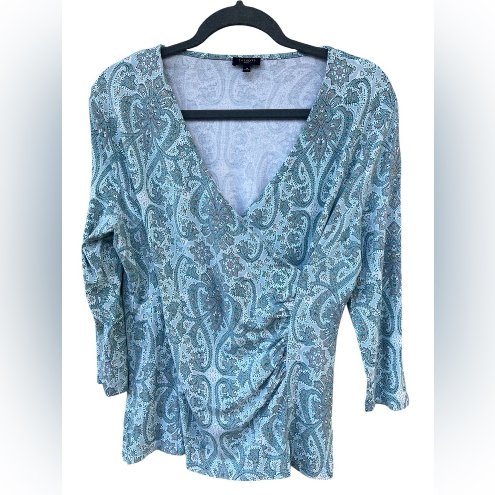 Talbots Teal/Blue Paisley Ruched Cross over neckline V neckline - Size Lp